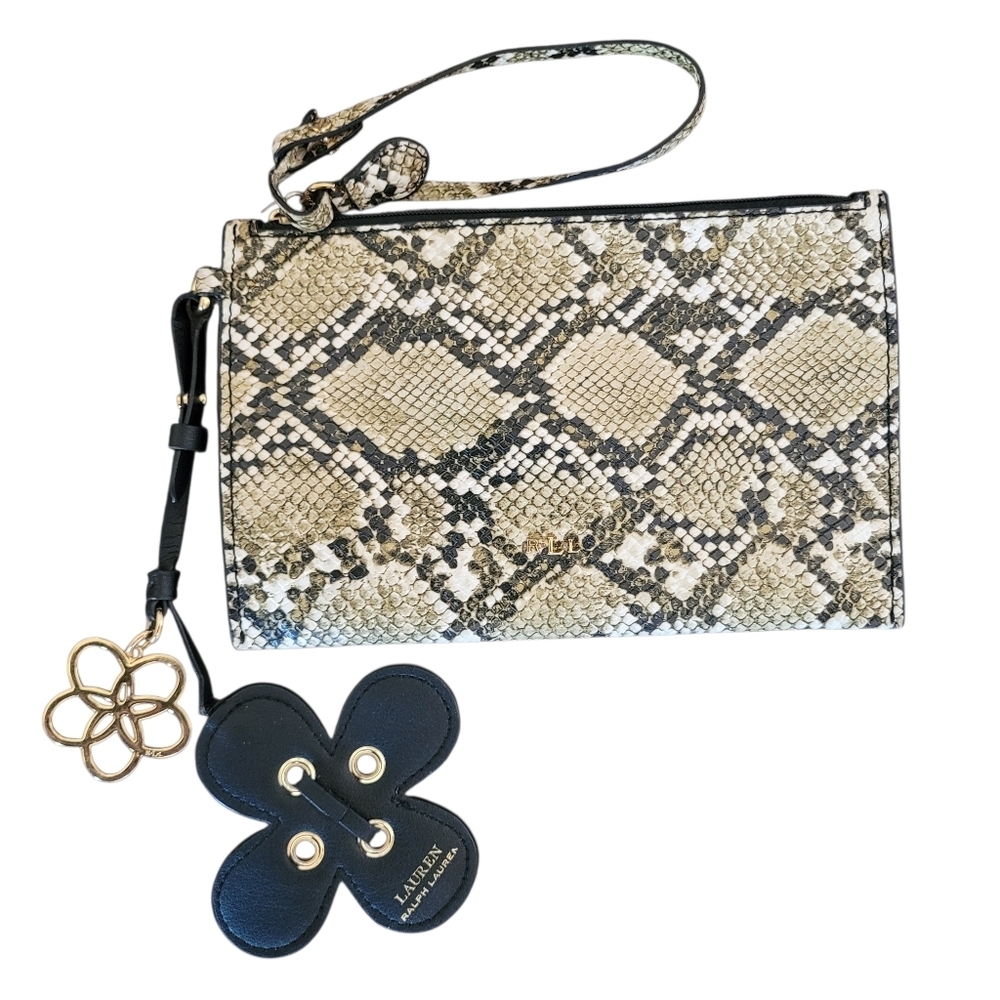 Lauren Ralph Lauren Polo Faux Reptile Wristlet Wallet Flower Dangles Designer